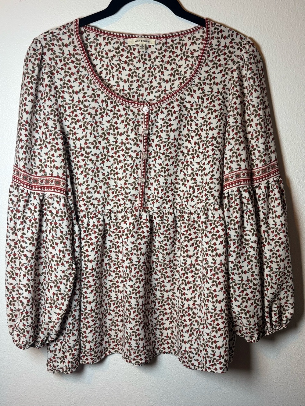 Max Studio Cream Peasant Tunic with Red Floral Print
